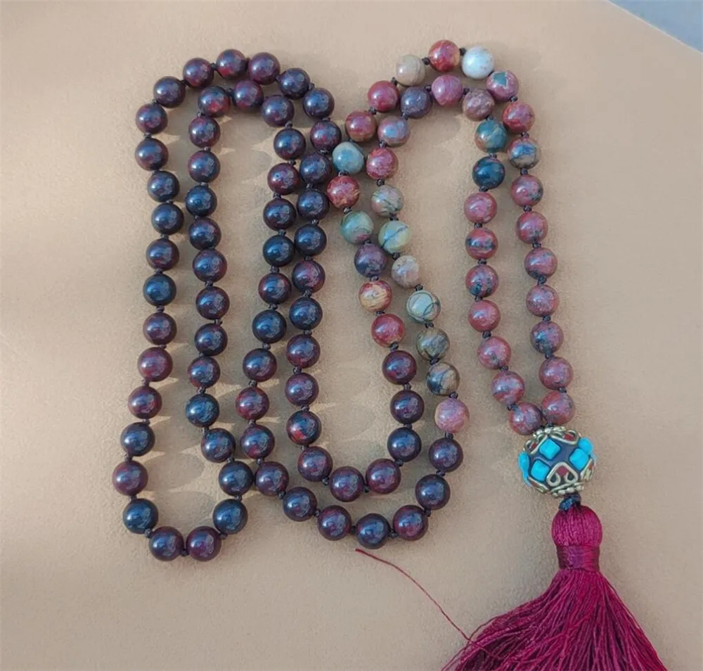 

8mm Rhodochrosite 108 Beads Tassel Knotted Necklace Elegant Bless Chic Classic Lucky Fancy Wristband Healing