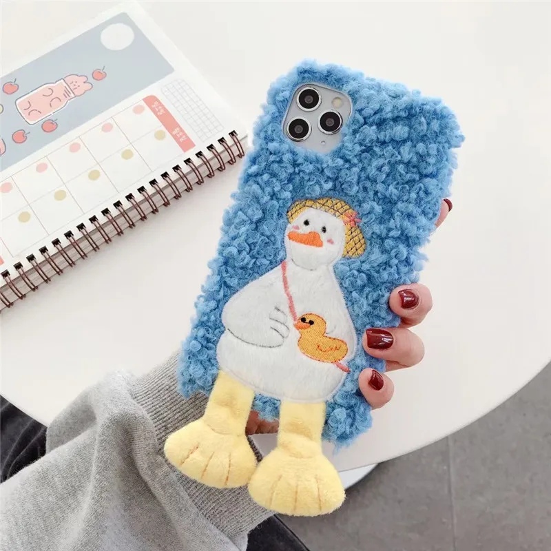 

For Huawei P40 P30 Lite P20 Mate 40 30 20 10 Pro Nova 3I 7I 5T 7 8 SE Plush Blue Duck Furry Fluffy Fur Protection Tpu Phone Case