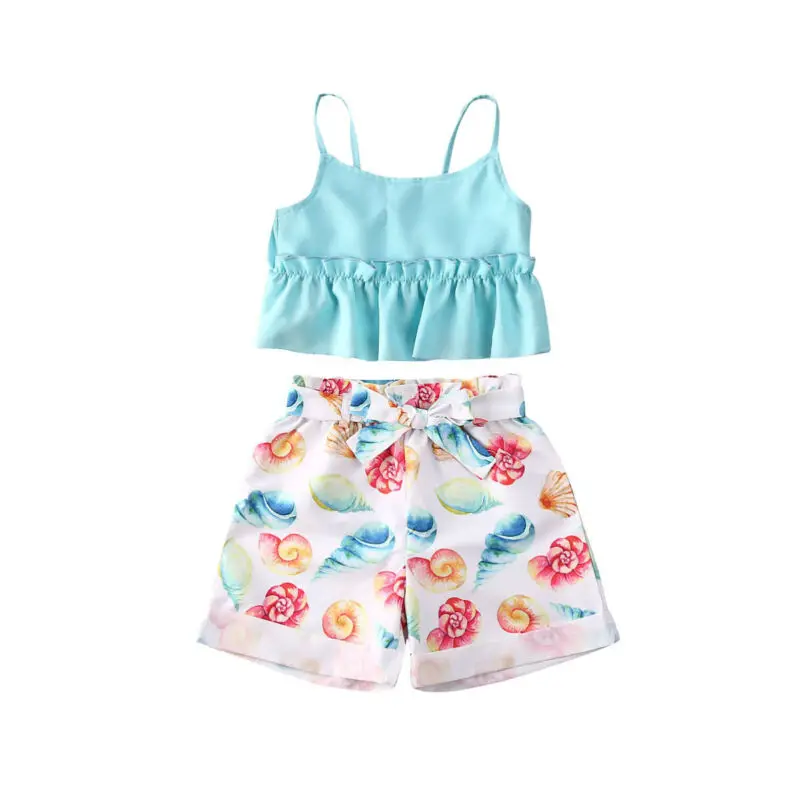 

Детская пляжная модная одежда для маленьких девочек, изящная одежда с оборками, топы без рукавов, цветочные шорты, комплект нарядов