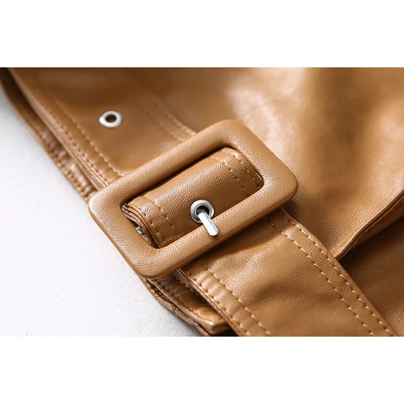 

Denim Patchwork Jacket Women Faux PU Leather Adjustable Waist Female Coat 2021 Autumn New Loose Fashion Leather Biker Outerwear