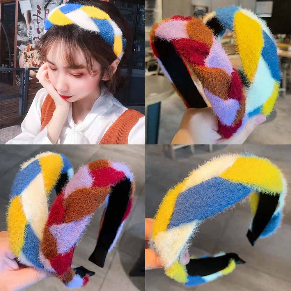 

European American Plush Hair Hoop Mink Hair Twist Braid Cross Knotted Hair Hoop Solid Color Head Buckle