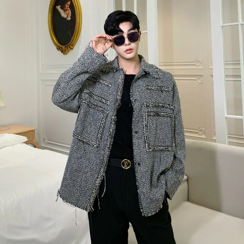 Мужская Осенняя шерстяная куртка с бахромой свободная повседневная клетчатая