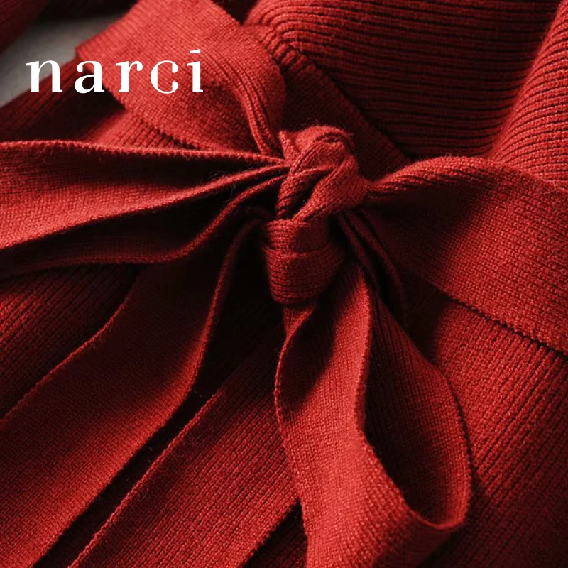 

narci Warm Long Batwing Sleeves Knitted Sweater Midi Dress Crossover V Neck Red Christmas Dresses For Autumn Winter 2019