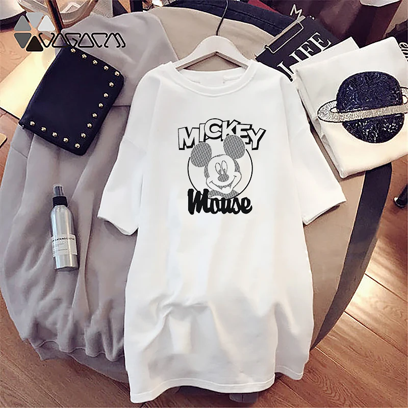 

Disney Women Mini Dresses Plus Size Mickey Cartoon Print Cute Short Sleeve White Black Woman Summer Dress Party Casual Femme