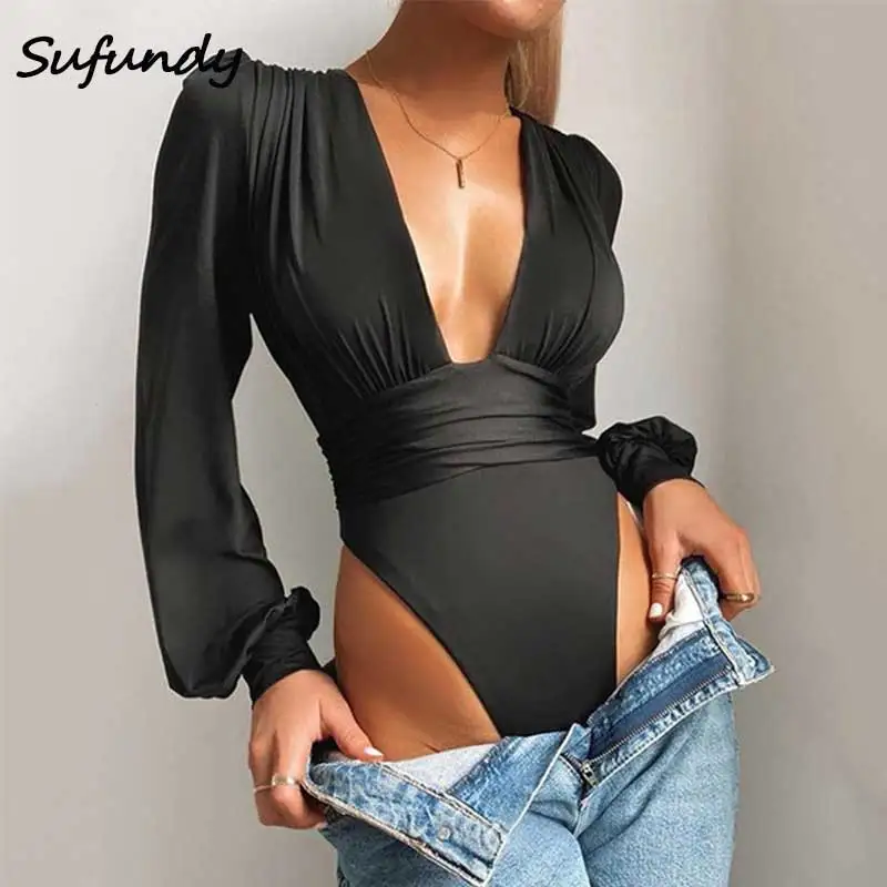 

Sufundy 2020 Autumn Winter Rompers Women Jumpsuits Sexy Club V Neck High Waist Solid Bodycon Regular Long Sleeve Bodysuits Women
