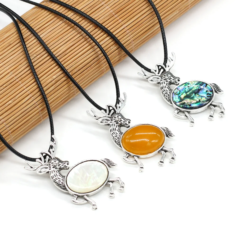 

Natural StoneAbalone Shell Yellow Jades Lapis Lazuli Wax Thread Necklace Pendant Women Gift Jewelry Size 47x50mm Length 55cm