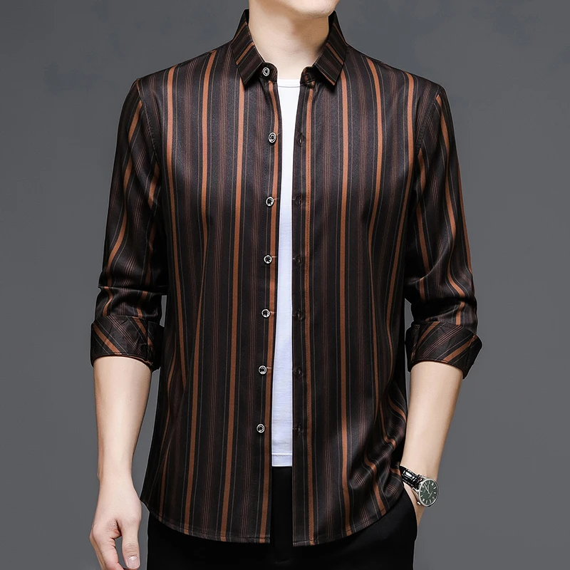 

Quality Pinstriped Work Plus Size Gents Casual Shirts Smooth Soft Business Fashion Man Clothes Turn-down Collar Shirt Korean
