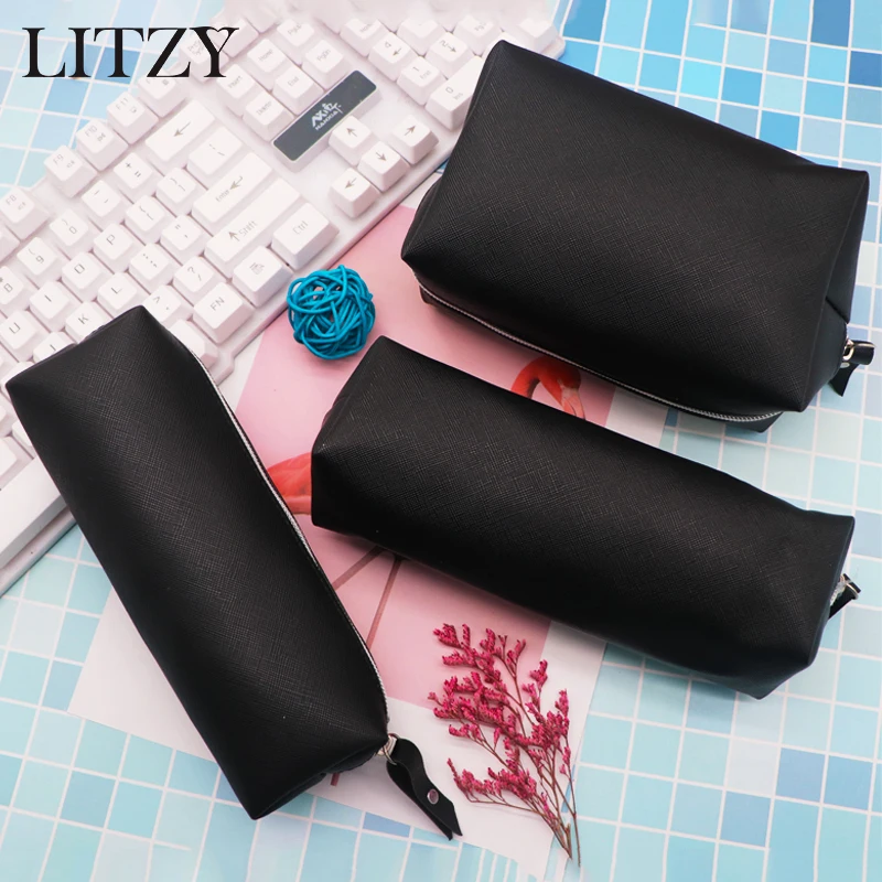 Черный чехол для карандашей из искусственной кожи школьный девочек большой