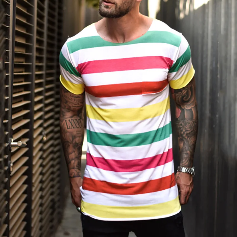 

Cross-Border Hot Amazon 2020 Summer Menswear All-Matching Trend Stripes T-shirt round Neckline Blouse