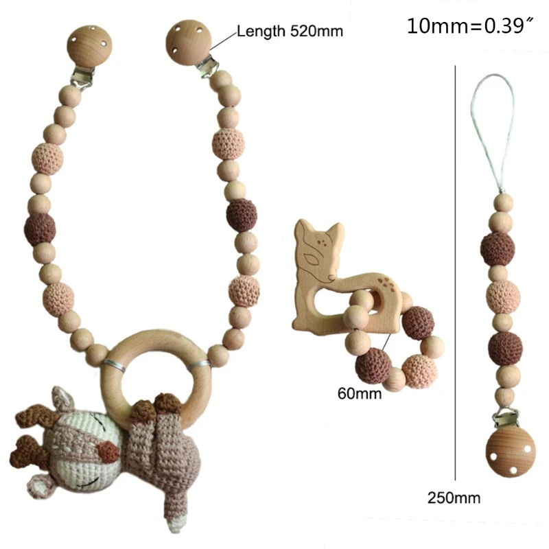 

3 Pcs/Set Baby Pram Stroller Hanging Pendant Pacifier Chain Clip Infants Wooden Teether Bracelet Rattle Nursing Toy