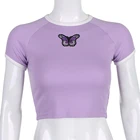 Женская летняя футболка с вышивкой в виде бабочки, короткий топ, блузка с короткими рукавами в рубчик (SML)