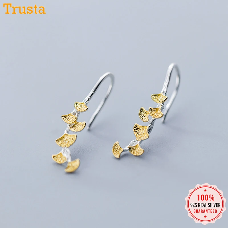 Trustdavis, модные 925 пробы, серебряные, золотые, милые длинные висячие серьги в виде листьев гинкго для женщин, ювелирные изделия из стерлингового серебра, Brincos DA429