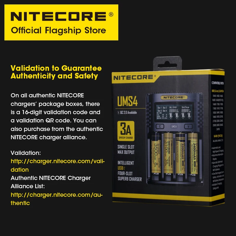 Интеллектуальное зарядное устройство NITECORE UMS4 с четырьмя слотами USB 4A QC Быстрая