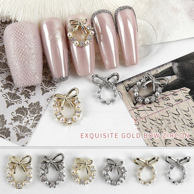 

3PCS Exquisite Bows Zircon Pearl Jewelry Decorations With Gold/Silver Alloy For Nail Manicure Beauty