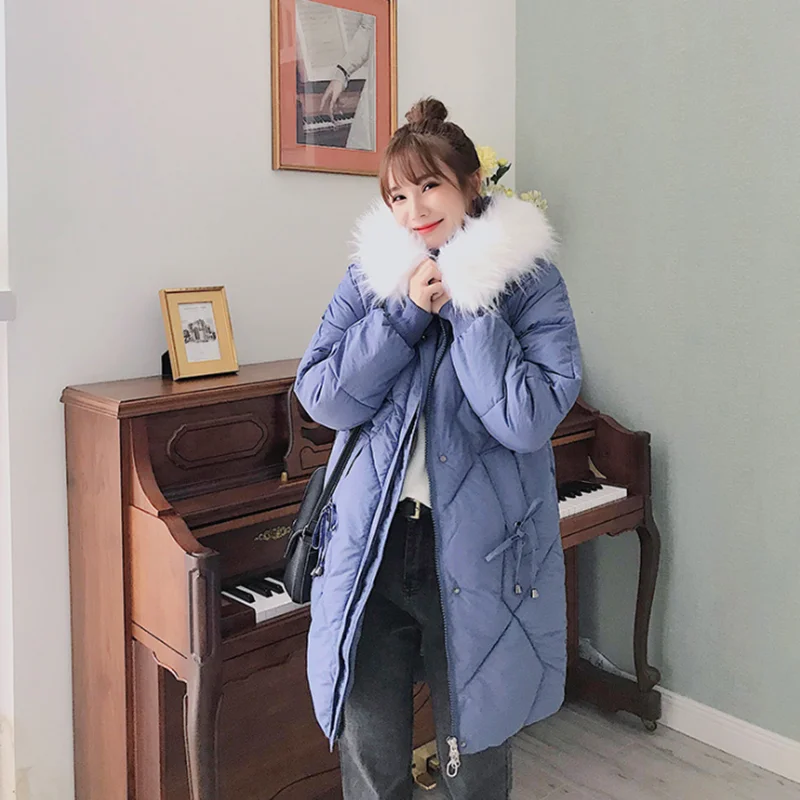 

winter female new medium long parkas mujer loose big collar hooded down jacket lady thick pure color warm leisure women's coats
