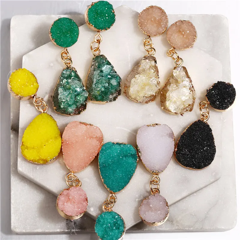 

Kirykle Women Natural Stone Resin Dangle Earrings Vintage Geometric Pink Green Drop Earring Fashion Party Jewelry Holiday Gifts