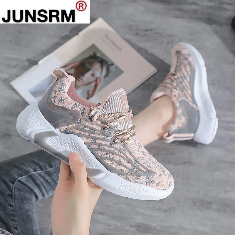 

JUNSRM Sneakers Lace-up Mesh Breathable Casual Shoes Fashion Round Toe Flat With Solid Spring/Autumn Women Sport Running Shoes