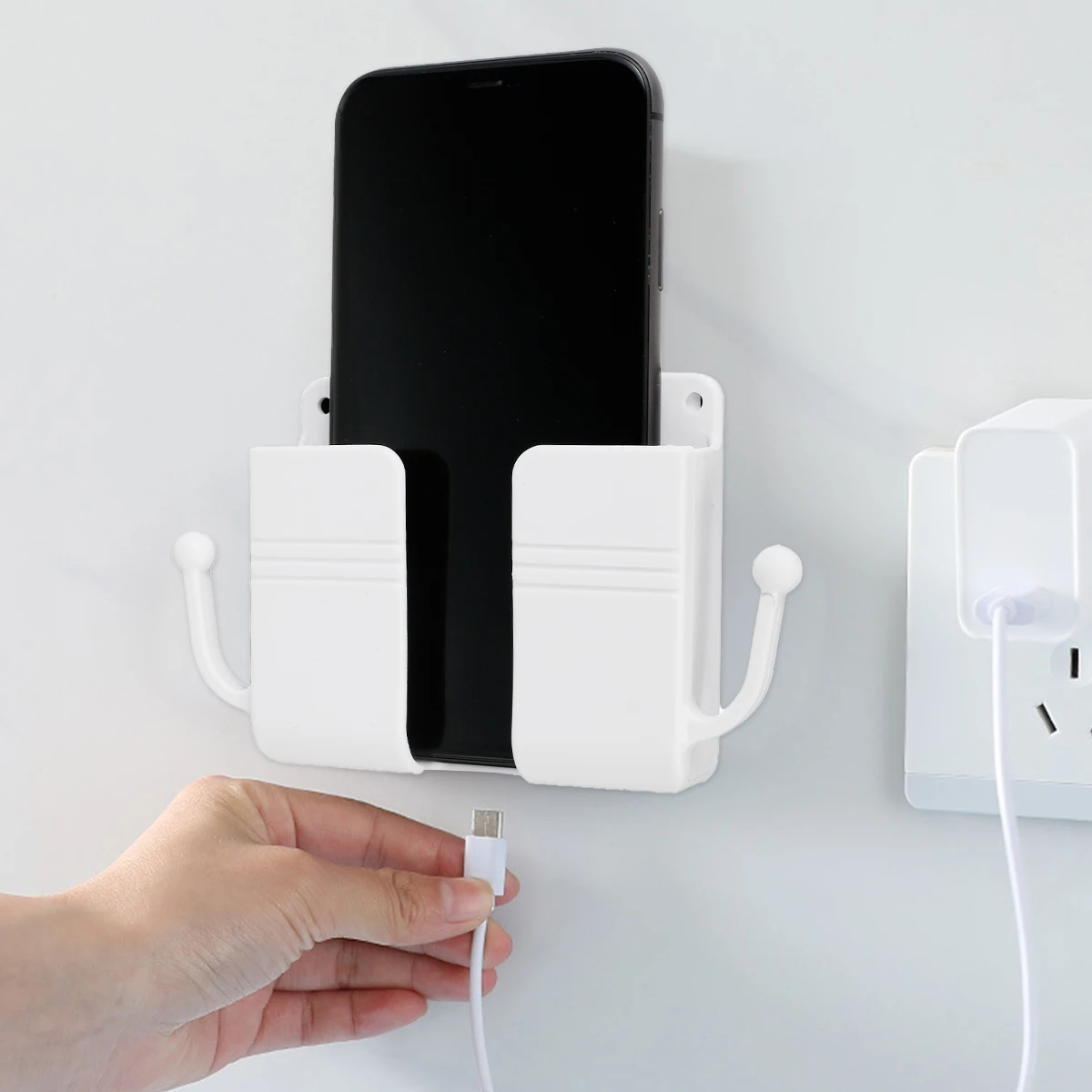 

1PCS Wall Mounted Organizer Box Punch Free TV Remote Control Storage Mounted Phone Plug Wall Holder Charging Multifunction Hooks