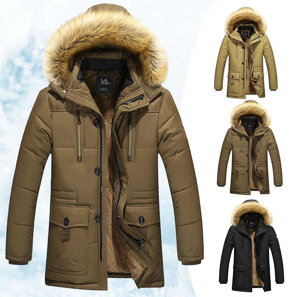 Мужское зимнее теплое пальто средней длины, утепленная куртка, ветрозащитные парки, пальто с капюшоном и хлопковой подкладкой, свободное по...