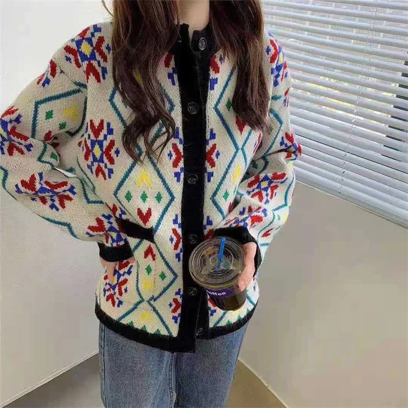 

Женский жаккардовый свитер, вязаный жаккардовый свитер в Корейском стиле с длинными рукавами и разноцветными стразами, осень 2021