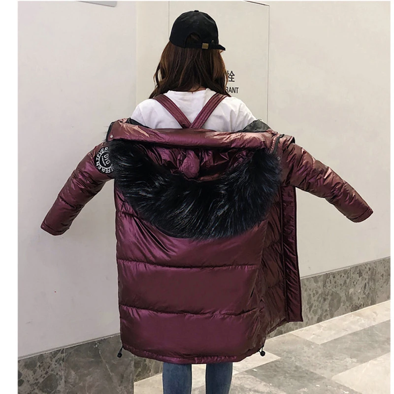 Глянцевая зимняя женская куртка 2019 Повседневная Длинная парка плотное хлопковое