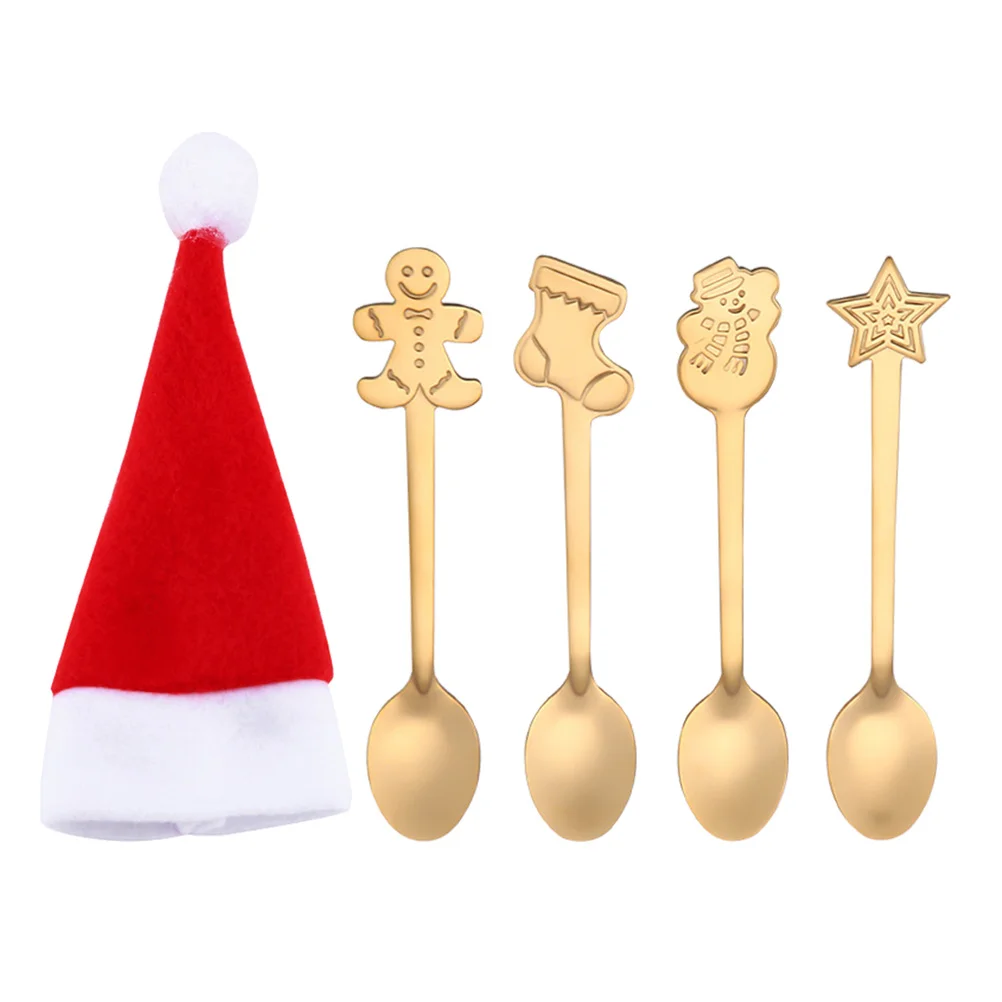 

5pcs Creative Christmas Spoons Set Cartoon Stainless Steel Spoons with Bag Tableware for Home Restaurant (4 Golden Spoons and 1