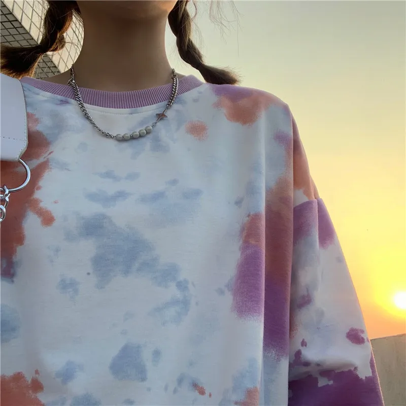 

Womens Hoodies Tie Dye Oversize O-neck Long Sleeve Harajuku Couples Hip Hop Female Casual Colorful Trendy Chic Autumn Ins New
