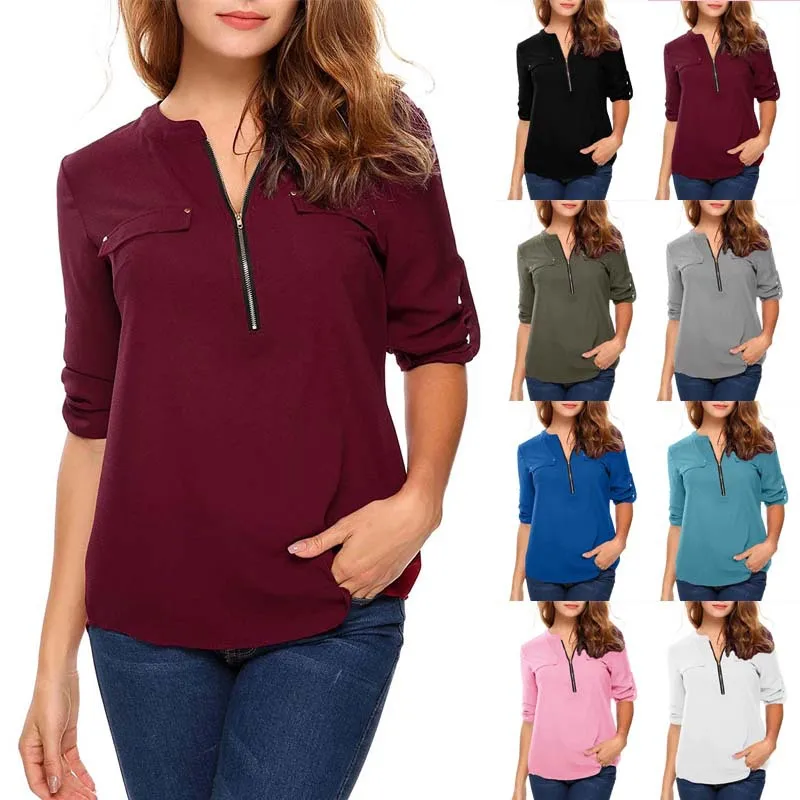 

Female Ladies Clothing Womens Top Shirt Top Women Blouse V-neck Zipper Cute Office Work Long Sleeve Style
