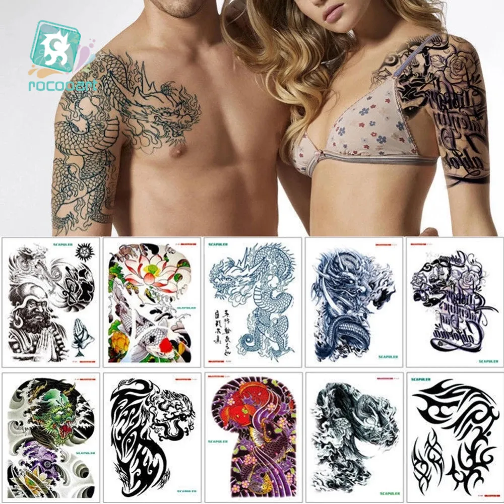Large Tattoo Stickers New Designs Fish Lotus Dragon Waterproof Temporary Flash Tattoos Full Back Arm Chest Body Men Women