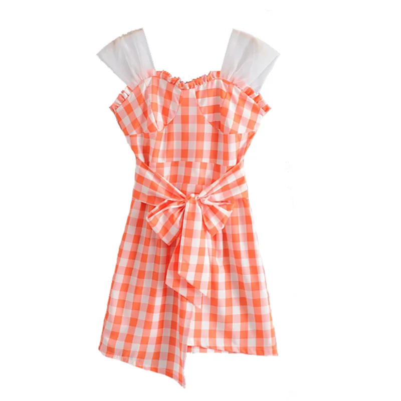 2020 летнее женское оранжевое белое клетчатое платье с кружевным плечевым ремнем