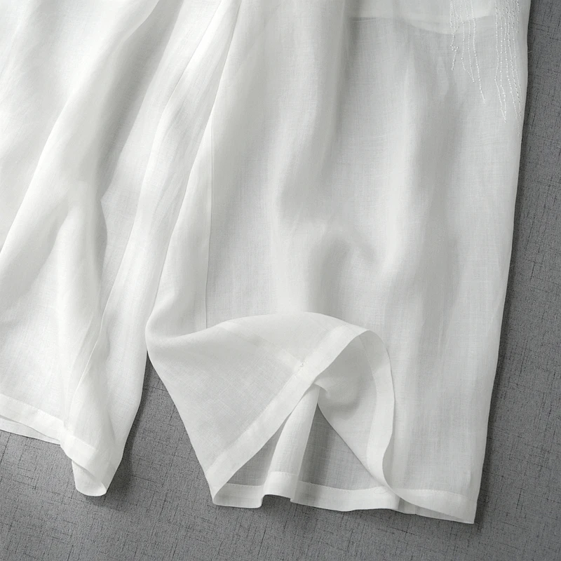 Spring Summer Women Loose Plus Size Sweet Embroidey Comfortable Water Washed Thin Ramie Trousers Elastic Waist Wide Leg Pants