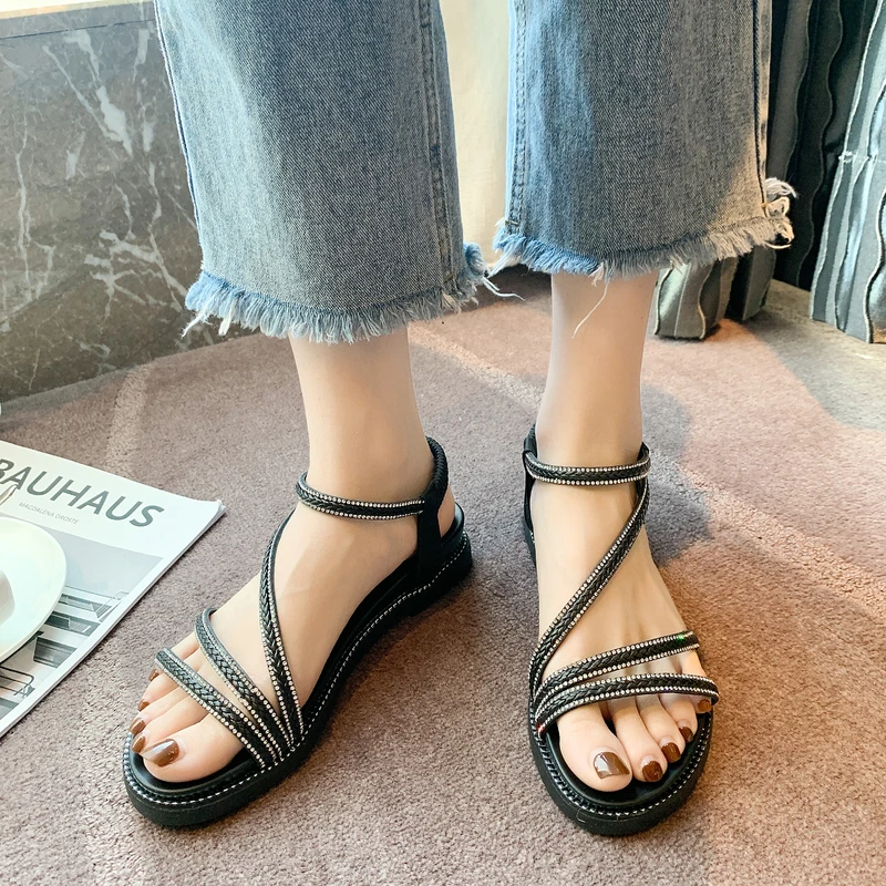 

Fashion Womens Shoes 2021 Rhinestone Sandals Med Clogs Wedge Summer Heels Open Toe Suit Female Beige Luxury Medium New Beach Pla