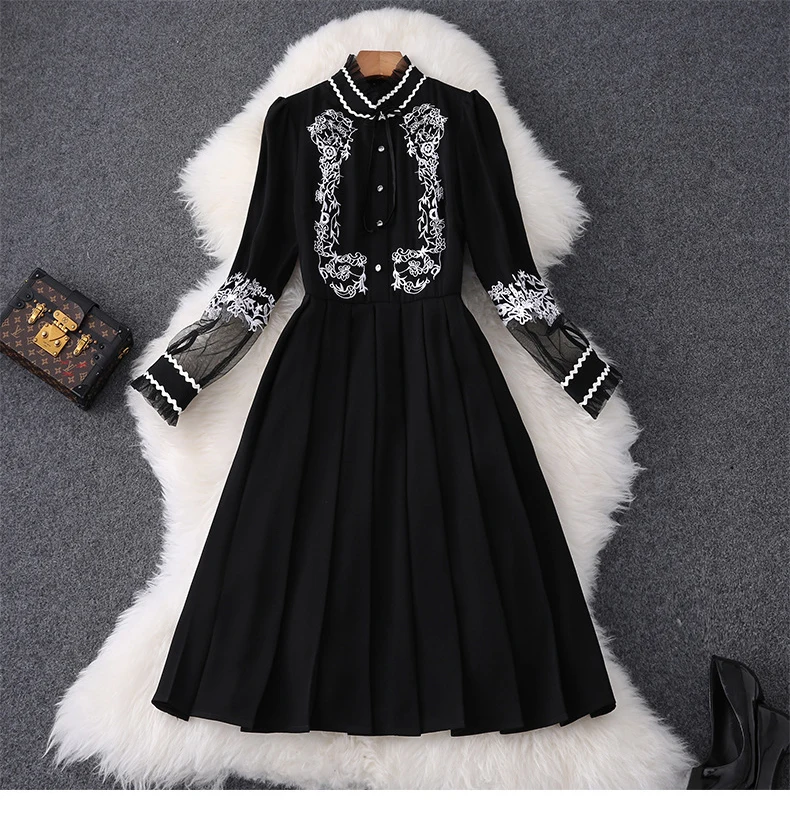 VERDEJULIAY Подиум черное платье женское зима осень мода дизайнер цветок вышивка, рукав-фонарик миди плиссированное платье