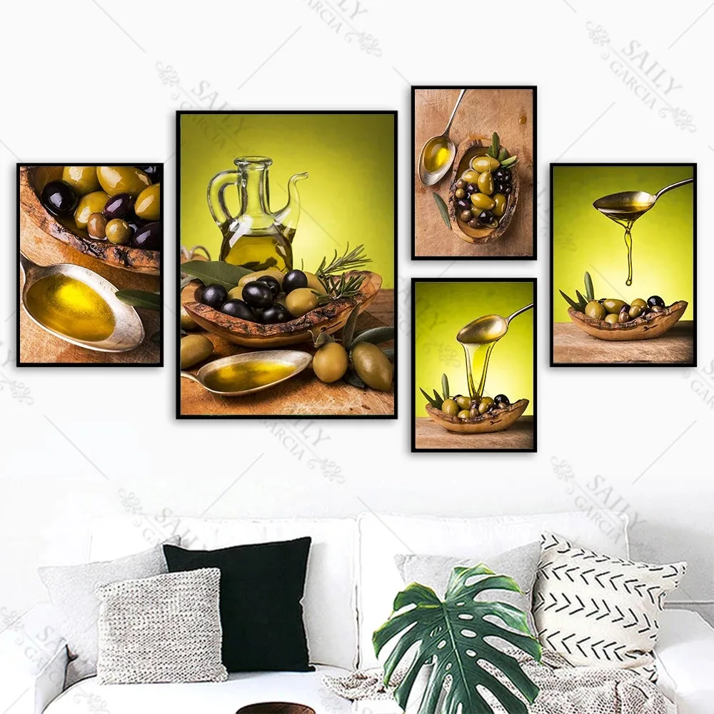 

Kitchen Poster Olive Oil and Spoon Food Canvas Painting Pictures for Living Room Dining Room Restaurant Wall Interior Decor Art