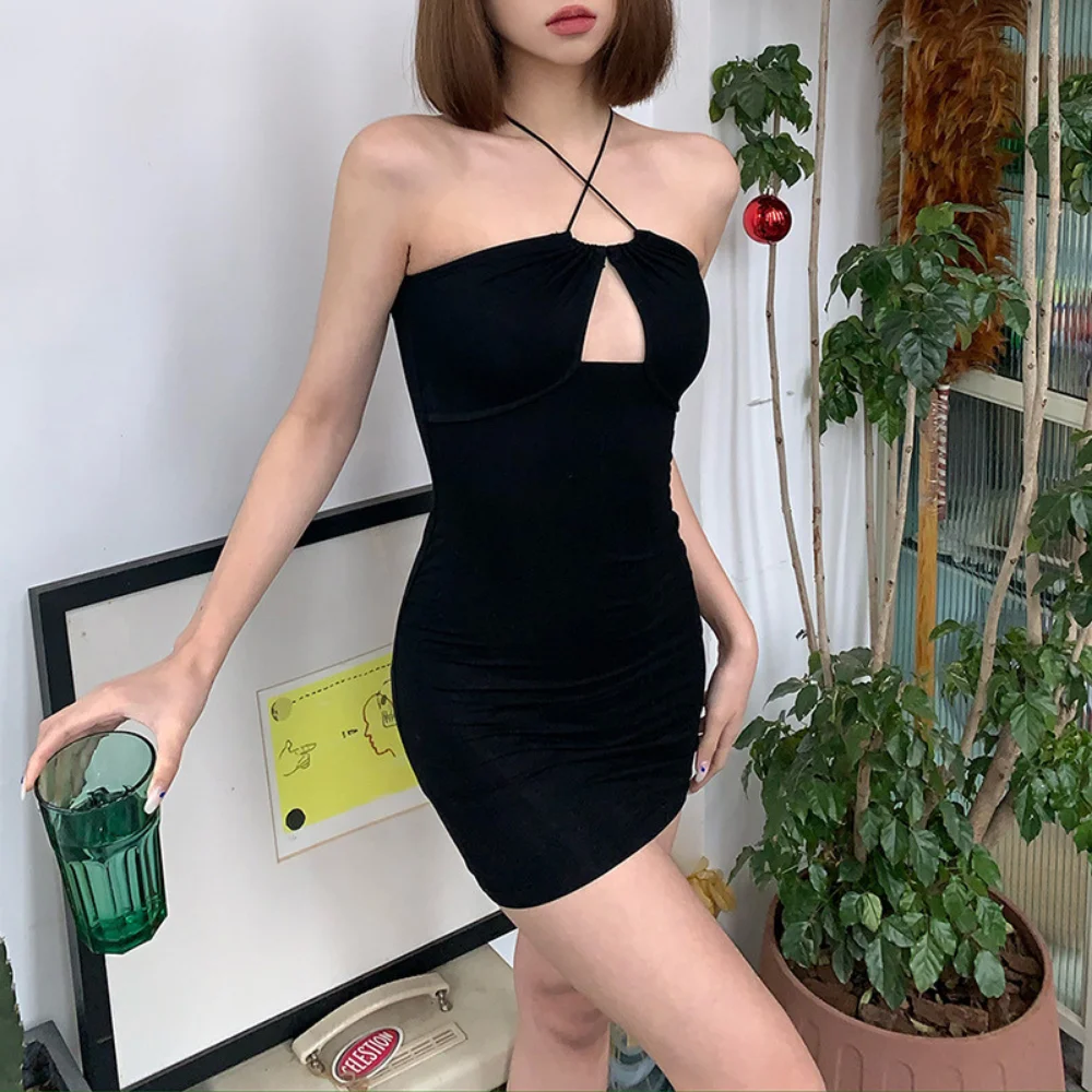 

Missnight 2021 Sexy Black Dress Hollow Out Backless Mini Bodycon Dress Adjustable Spaghetti Strap Streetwear Casual