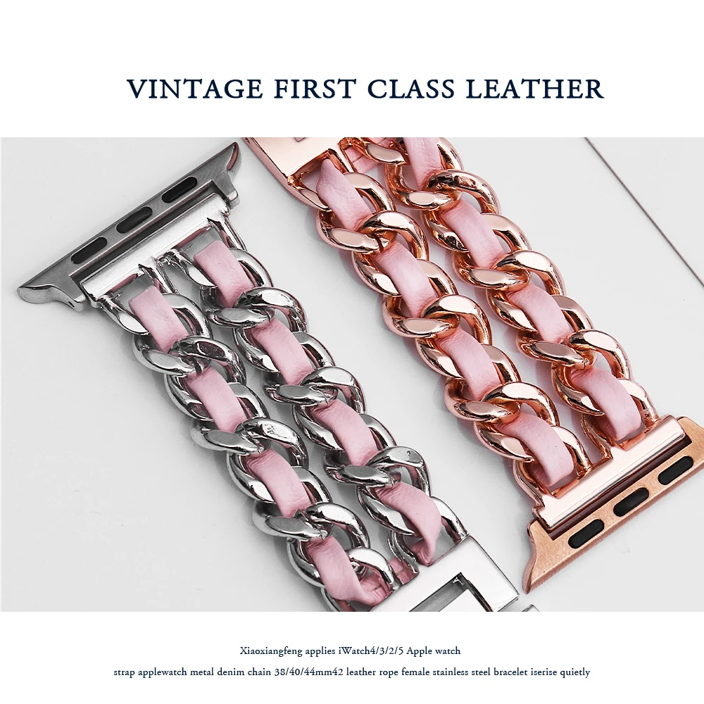 Band for Apple Watch6 5 4 40mm 44mm Watchband Stainless Steel Chain With Leather Bracelet Strap  for iwatch Series3 2 738mm 42mm