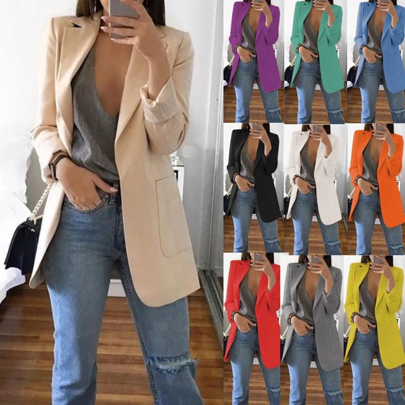

Women's Blazer Jackets Autumn Casual Plus Size Fashion Basic Notched Slim Solid Coats Office Ladies Outwear Chic Loose Coat 2021