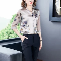 2021 summer silk womens blouses shirt v neck half floral satin ladies tops button up shirts women ol vintage top woman clothing