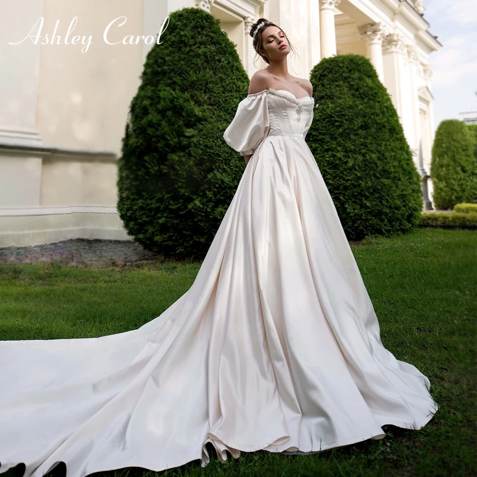 

Ashley Carol Satin Wedding Dresses For Women 2024 Sexy Puff Sleeve Beading Crystal Ball Gown Bride Dresses Button Bridal Gowns