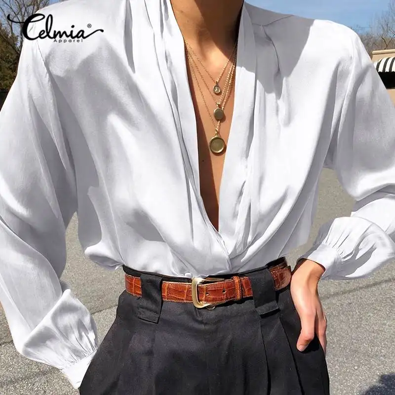 

2021 Women's Satin Blouses Celmia Sexy Deep V-Neck Autumn Fashion Office OL Tops Lantern Sleeve Solid Shirt Buttons Slik Blusas