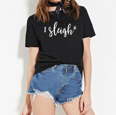 Футболка с принтом I Sleigh Женская хлопковая круглым вырезом и коротким рукавом