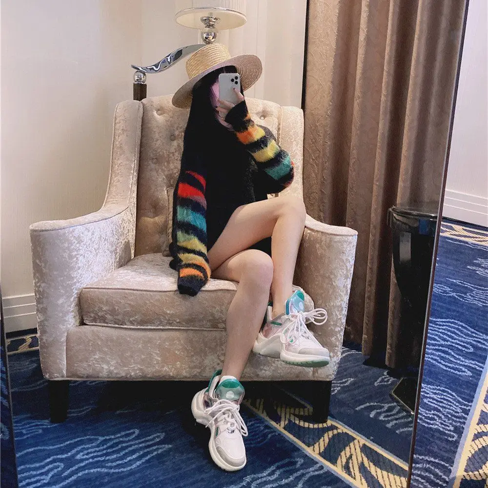 

Fashion autumn and winter new color arrow gradient knitted pullover medium length loose mohair sweater women's m-4xl