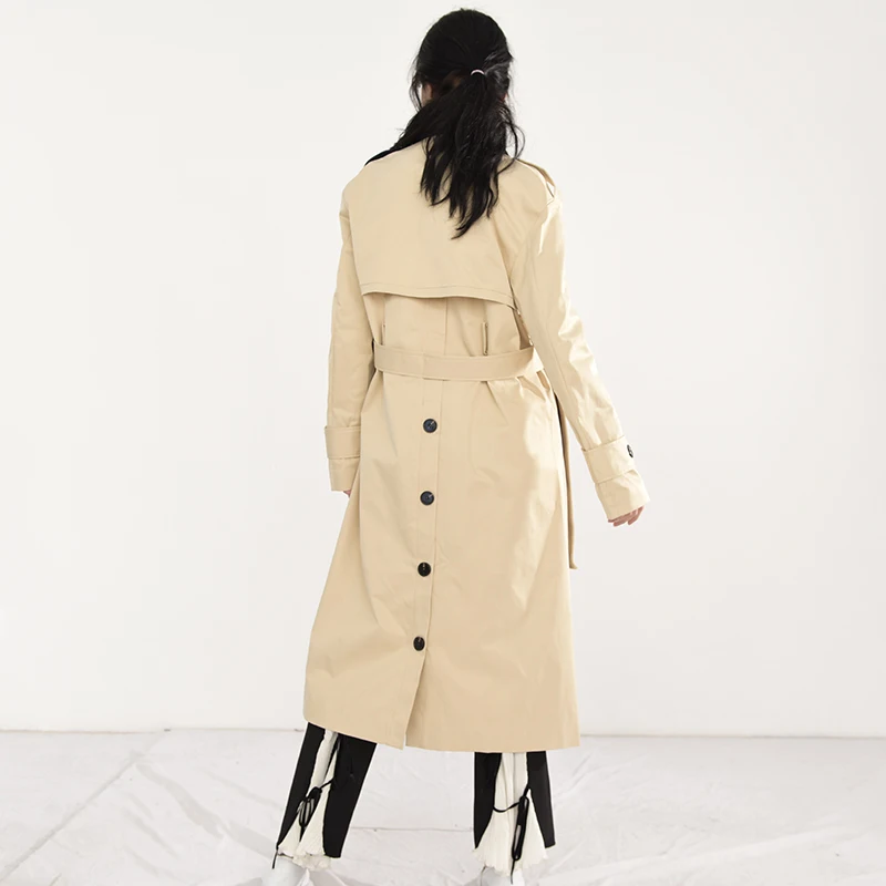 

[EAM] Women Pu Leather Apricot Big Size Long Trench New Lapel Long Sleeve Loose Fit Windbreaker Fashion Tide Spring 2021 1N36004