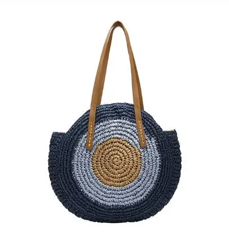 blue Круглая Соломенная пляжная сумка, винтажная тканая сумка на плечо ручной работы, рафия, круглая ротанговая сумка, богемные летние сумки для отдыха, повседневные сумки - Цвет: blue