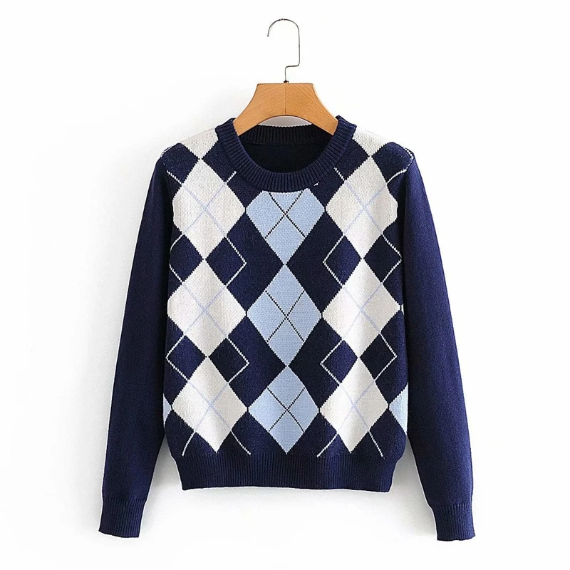 

Женский свитер с длинным рукавом, вязаный клетчатый пуловер контрастных цветов в стиле преппи, винтажный свободный джемпер с круглым вырез...
