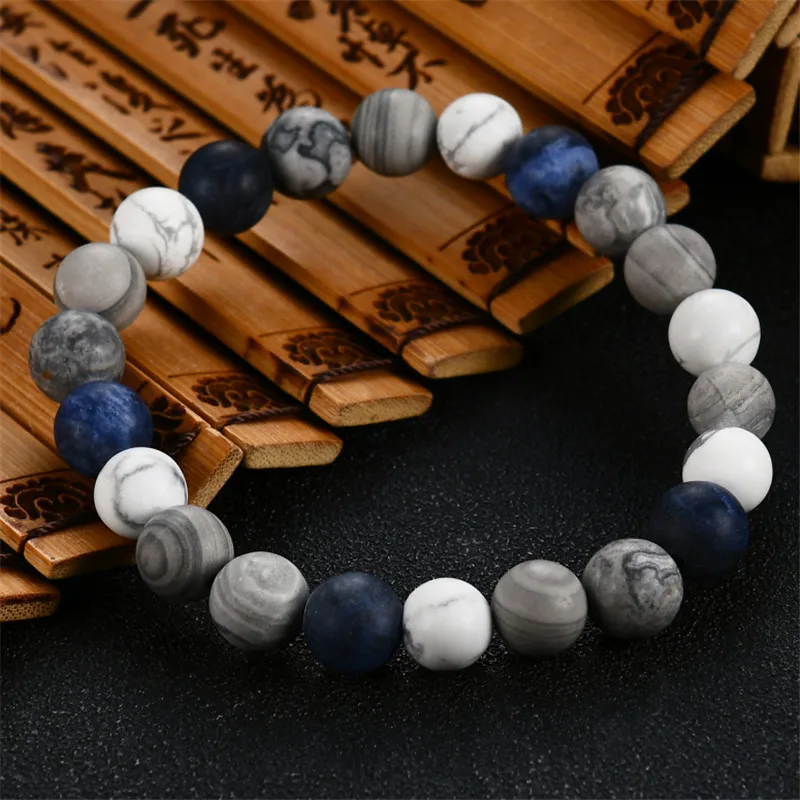 Top Natural Blue-vein Stone Bracelets Charm Blue Planets Series in The Universe Matte Frosted Amazonite Stone Beads Bracelet Men
