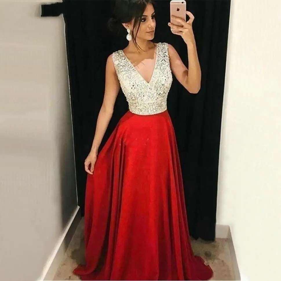 

Sexy Red Deep V-Neck Evening Dresses Long Slim fit Satin Sequine Crystal Formal Party Evening Gowns Special Occasion Dress