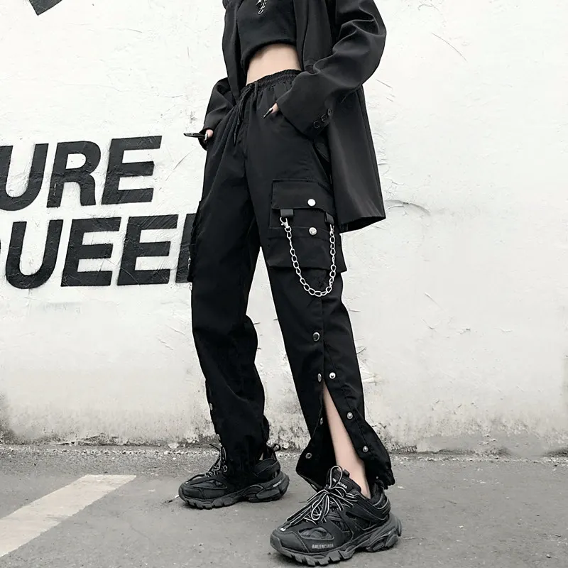 

Women Mall Goth Black Cargo Pants Chian Women Gothic Style Emo High Waisted Trousers Femme Dark Grunge Harajuku Oversize