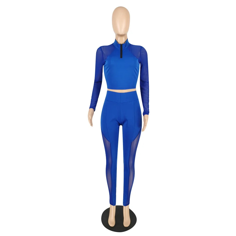 

High Elastic Sheer Mesh See Through Fitness Tracksuit Woman 2 Piece Set Long Sleeve Zipper Up Crop Top+slim Legging Activewear