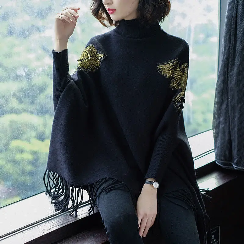 Black Lazy Wind Loose Turtleneck Sweater Poncho Female Bat Sleeve Fringed Knitted Sweater Poncho Pullover Women Spring Autumn